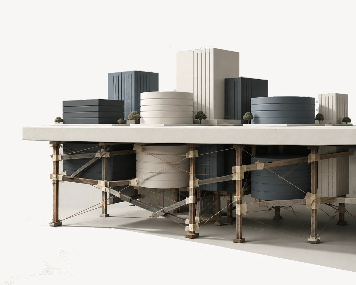 Neat department buildings sit above a tabletop supported underneath by a fragile network of planks, tape, and string
