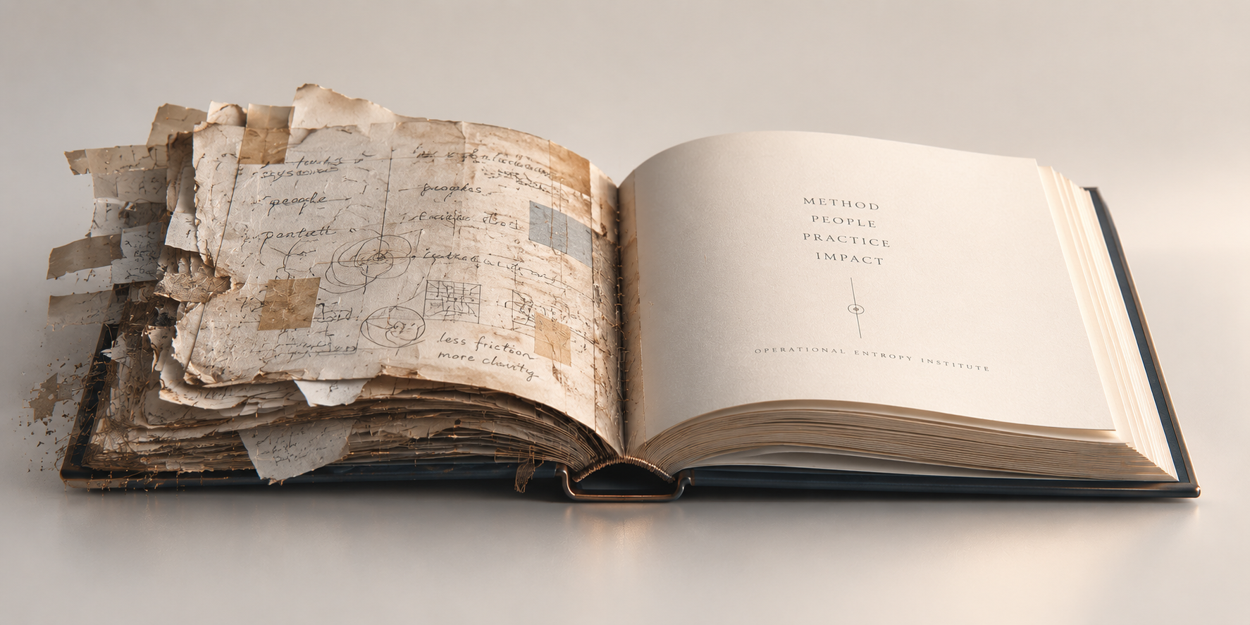An open book with fragmented handwritten notes on the left and an ordered page reading Method, People, Practice, Impact on the right.