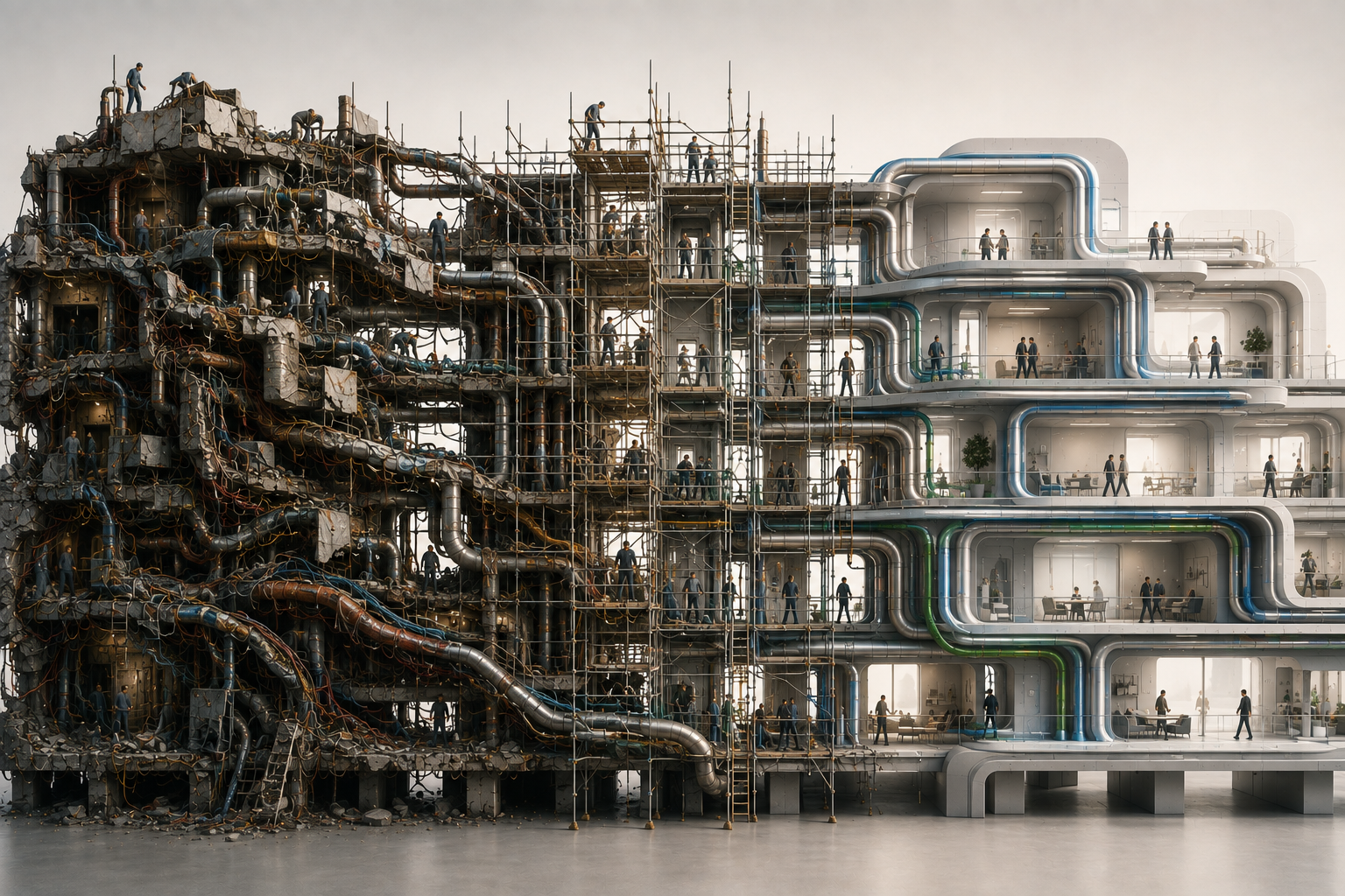 A complex, tangled operating system transitioning into a clear, organized structure